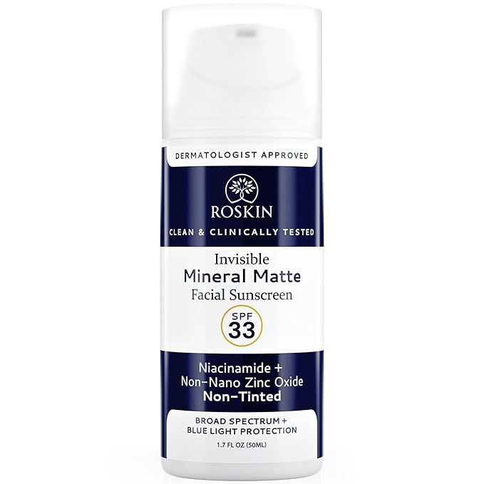 Roskin Mineral Matte Face Sunscreen - Invisible Facial Sunscreens with Non Nano Zinc Oxide - Facial Sunblock with SPF 33 Broad-Spectrum & Blue Light Protection - Face Sunscreen Moisturizer (1.7 Fl Oz)