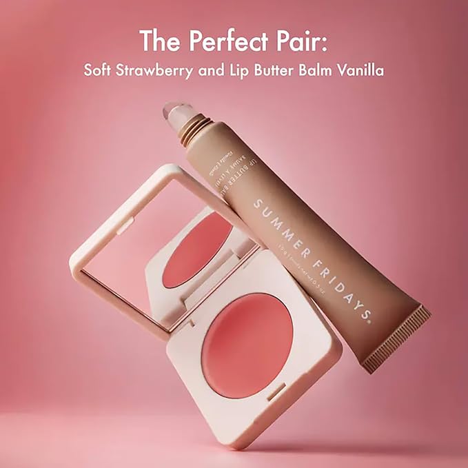 Summer Fridays Blush Butter Balm - Skincare-Infused Hydrating Cream Blush with Hyaluronic Acid, Ceramides, & Shea Butter for a Dewy Flush of Color - Cheek and Lip Tint - Soft Strawberry (0.14 Oz)