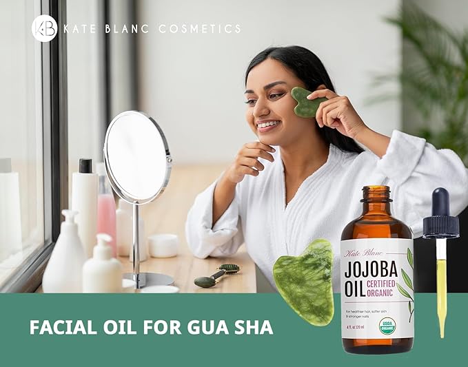Kate Blanc Cosmetics Jojoba Oil for Hair, Skin & Face with Gua Sha Stone Kit. Gua Sha Oil for Face Massage (4oz, Organic, 100% Pure, Natural)