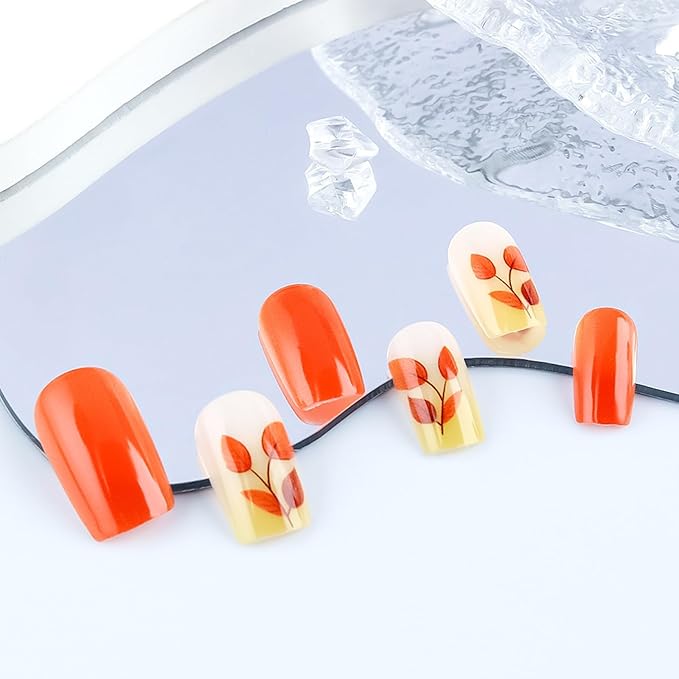 Fall Leaf Press on Nails Medium Square Glossy Orange Acrylic Fake Nails Thanksgiving Maple Leaves False Nails Gel Glue on Nail Full Cover Stick on Nail DIY Manicure for Women 24Pcs