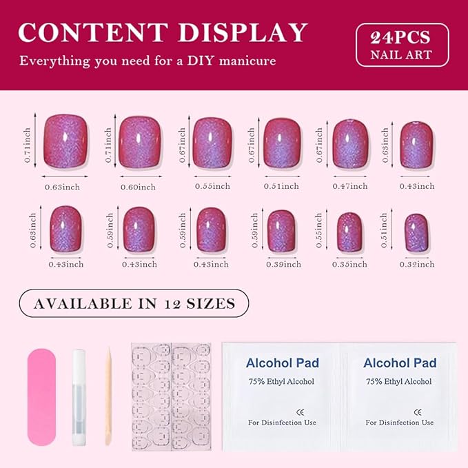 Blue Red Cat Eye Extra Short Press on Nails Square, Petite Short Square Glue on Nails for Women Gift, Purple Red Metallic Glitter Glossy Reusable Stick Gel Press on Acrylic Fake Nail with Designs