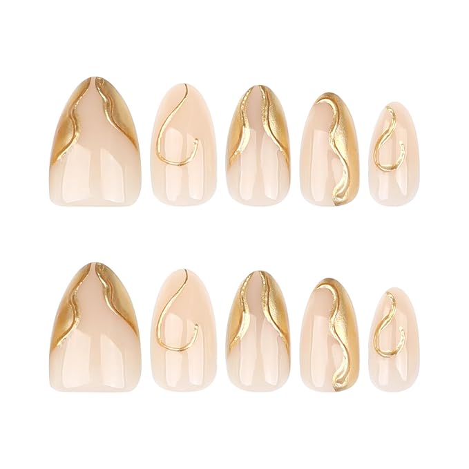 24pcs French Tip Press on Nails Medium Almond Fake Nails Gold French Line False Nails with Design Nude Glue on Nails Chrome Gold Line Artificial Acrylic Full Cover Glossy Stick on Nails for Women