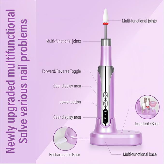 Electric Nail Drill File Cordless,Portable Rechargeable Nail File Kit for Acrylic & Gel Nails,Professional Efile for Manicure Pedicure Polishing,with 12 Nail Drill Bits 31 Sanding Bands,Purple