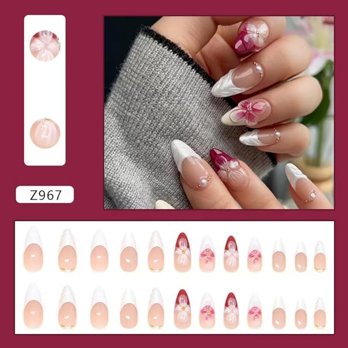 Flower Press on Nails White French Tip Fake Nails Medium Almond False Nails with Pearl Design 5D Floral Glue on Nails Glossy Artificial Acrylic Full Cover Spring Stick on Nail for Women Manicure