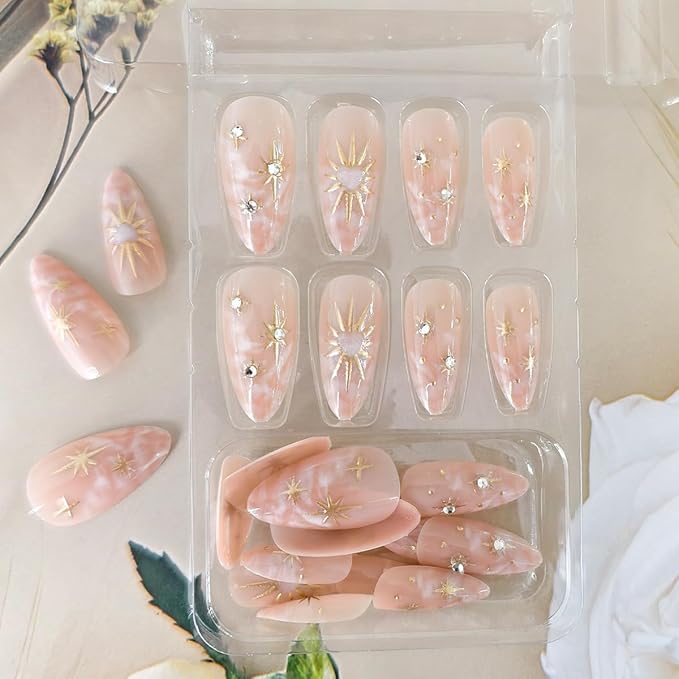 24Pcs Almond Press on Nails Medium Fake Nails with Star Heart Designs Sparkly 3D Rhinestones Nude Glue on Nails Press ons Elegant Acrylic False Nails for Women Manicure Tip Decoration