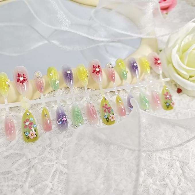 30Pcs Flower Press on Nails Medium Almond Fake Nails Star Bow Heart with Rhinestones Glitter Designs Full Cover Artificial Ombre Nails Summer False Nails Glue on Nails for Women Girls Acrylic Nails