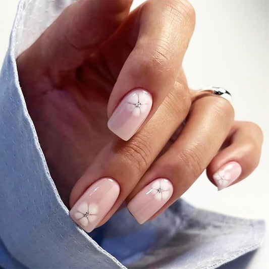 24Pcs White Flower Press on Nails Fall flowers Stick on Fingernails Elegant Short Square False Nails Glossy Silver Glitter Acrylic Fake Nail Simple Gel Glue on Nail for Coquette Women Girls