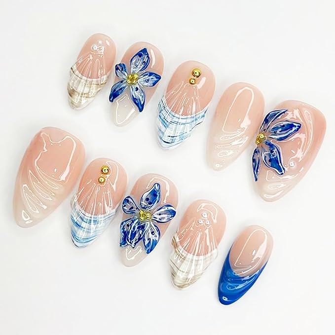 24 Pcs Summer Press on Nails Medium Almond Fake Nails with 3D Blue Flower Gold Beads Designs French Tip False Nails Beach Acrylic Nails Full Cover Stick on Nail for Women Nail Art Decoration