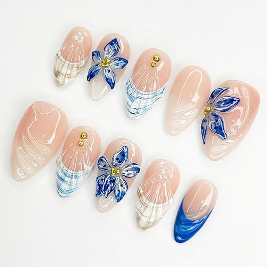 24 Pcs Summer Press on Nails Medium Almond Fake Nails with 3D Blue Flower Gold Beads Designs French Tip False Nails Beach Acrylic Nails Full Cover Stick on Nail for Women Nail Art Decoration
