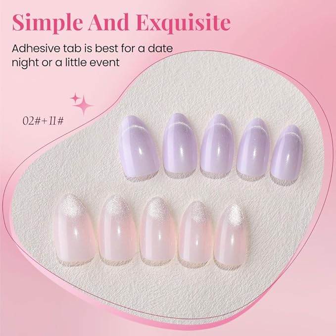 Cat Eye Press on Nails Short Almond - Light Purple & Nude Pink Shimmer Glossy French Tip Press on Nails for Gift, Soft Gel Press Glue On Nail with Nail Glue, Full Cover Reusable Acrylic Fake Nails Kit