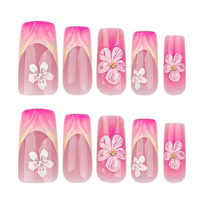 French Press on Nails Medium Long Pink Fake Nails Square Bling Glossy 3D Flower Design False Nail Tips Artificial Nails Finger Manicure for Women and Girls-24pcs