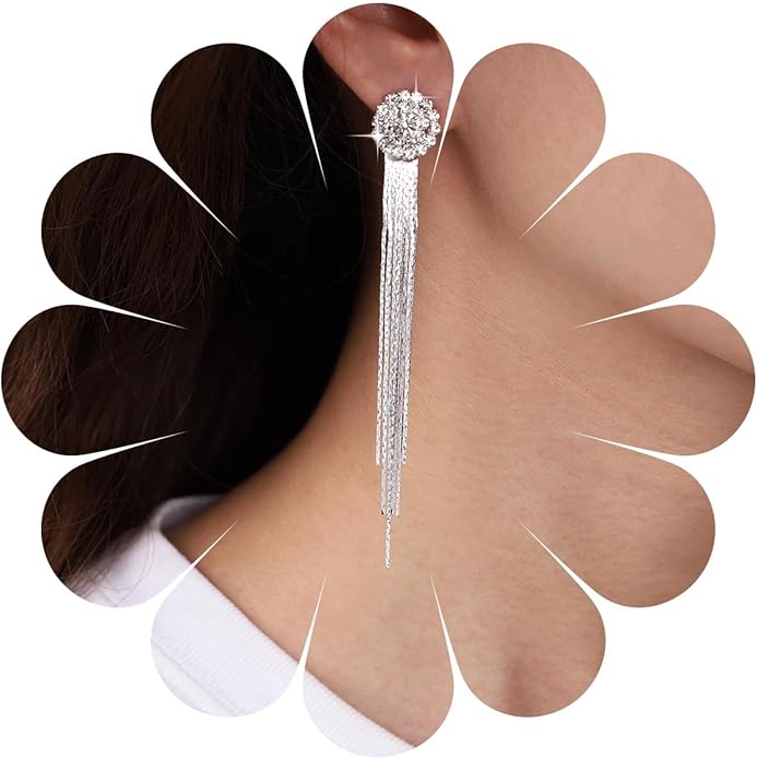 Vintage Crystal Chandelier Dangle Earrings Rhinestone Tassel Chain Earrings Wedding Chandelier Earrings Silver Full Cz Chain Earrings Jewelry for Women