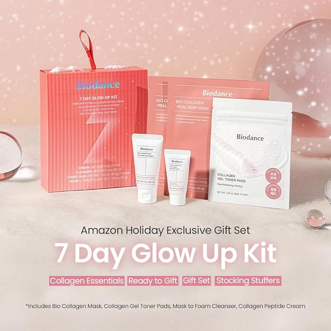BIODANCE 7 Day Glow Up Kit: Holiday Collagen Gift Set for Glass-Skin, Christmas Gift, Stocking Stuffers for teen girls, Korean Skincare with Mask to Foam Cleanser, Toner Pads, Moisturizer, Gel Masks