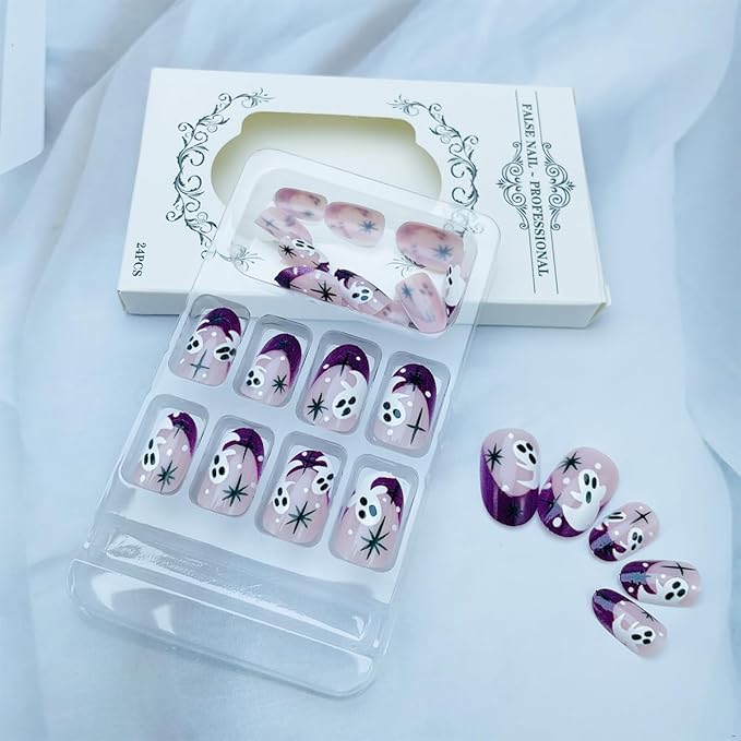Halloween French Tip Press on Nails Short Almond Fake Nails with Design Glossy Full Cover Acrylic Nails Cute Ghost Halloween False Nails Reusable Stick on nails for Women DIY Holiday Nails Decor 24Pcs