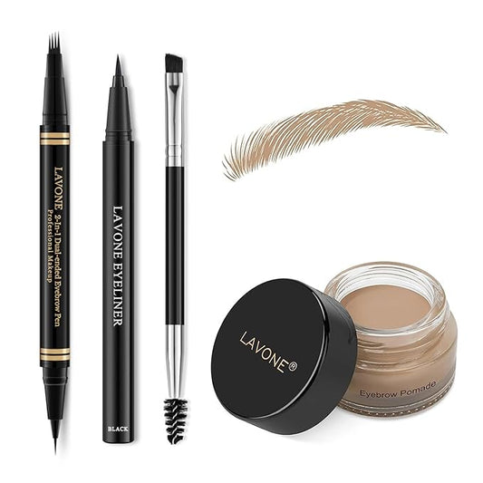 Eyebrow Makeup Kit - 4 Tip Waterproof Microblading Pencil, Eyeliner, Pomade, Dual-ended Brush, Natural Looking - Blonde