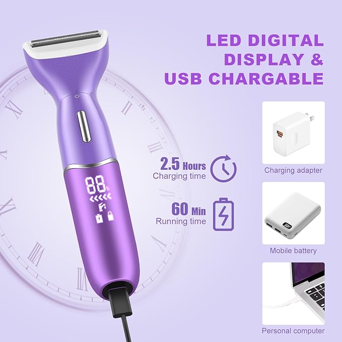 Bikini Trimmer for Women, 3 in 1 Painless Electric Razors for Women, Replaceable Lady Facial Razor & Eyebrow Trimmer, Rechargeable Women's Grooming Kit