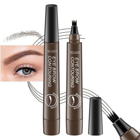 evpct 2Pcs Dark Brown Magic Microblading Eyebrow Contouring Pen Pencil, 4 Tipped Precise Brow Pen with Sponge Micro-Fork Tips Applicator, Create Natural Looking Brows Eyebrow Makeup Long Lasting