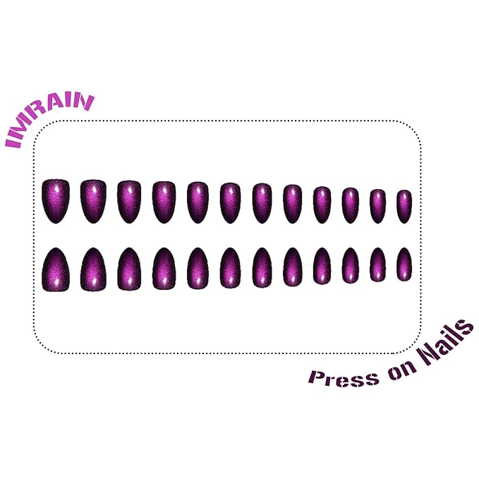 IMRAIN Cat's Eye Press on Nails Almond Medium Purple Plastic False Nails 24Pcs Glossy Gel Glue on Nails Reusable Acrylic Stick on Nails Manicure Kit for Women