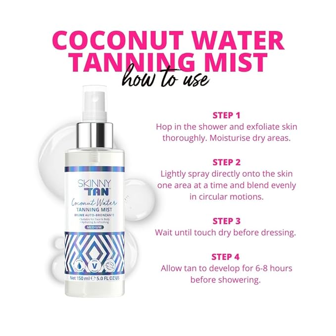 Skinny Tan Coconut Water Tanning Mist - Refreshing, Non-Sticky, and Fast Absorbing Formula - Formulated with Ultra-Hydrating Coconut Water - Delicious Tropical and Vanilla Scent - Medium - 5 oz