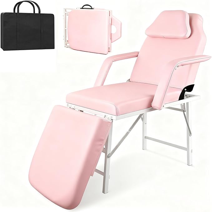 Portable Tattoo Chair, Adjustable Massage Facial Bed with Removable Headrest & Armrest, Foldable Spa Chair with Carry Bag, 73 Inch Esthetician Bed for Salon Beauty Barber Spa Tattoo (Pink)