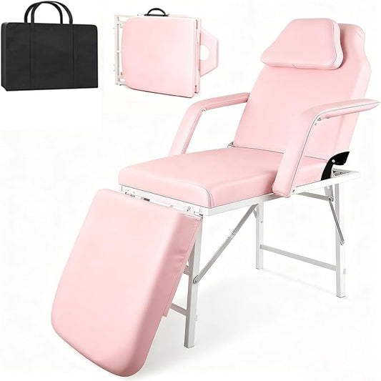 Portable Tattoo Chair, Adjustable Massage Facial Bed with Removable Headrest & Armrest, Foldable Spa Chair with Carry Bag, 73 Inch Esthetician Bed for Salon Beauty Barber Spa Tattoo (Pink)