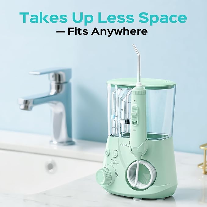 COSLUS Excellent Water Flosser for Teeth Cleaning: 12 Pressure Settings & 2 Modes for Orthodontic, Braces, Sensitive - Patented Storage, 5 Jet Tips and 600ML Tank for Family, Home Use, Green, E2