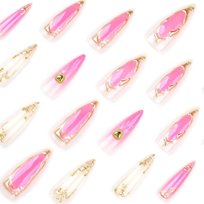 24Pcs Gold French Acrylic Full Cover Fake Nails 3D Curve Line Press on Nails Love Heart Gel Glue on Fingernails Glossy Pink Gradient Long Almond False Nail Shell Stick on Nail for Holiday Manicure Art