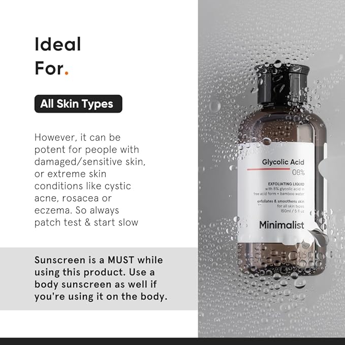 Minimalist 8% Glycolic Acid Exfoliating Toner for Glowing Skin | Multi-Functional Exfoliating Toner with Bamboo Water for Body, Face, Underarms & Scalp | for Women & Men | 5 Fl Oz / 150 ml
