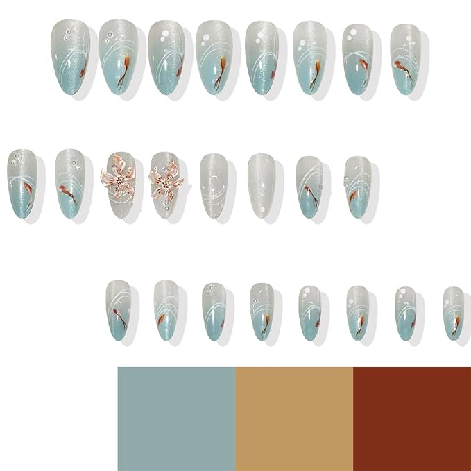 IMRAIN Almond Press on Nails Medium Fake Nails with Cat's Eye Designs Blue Gradient Acrylic Nails Press on Full Cover Glossy Glue on Nails Summer 3D Flower Artificial False Nails 24Pcs