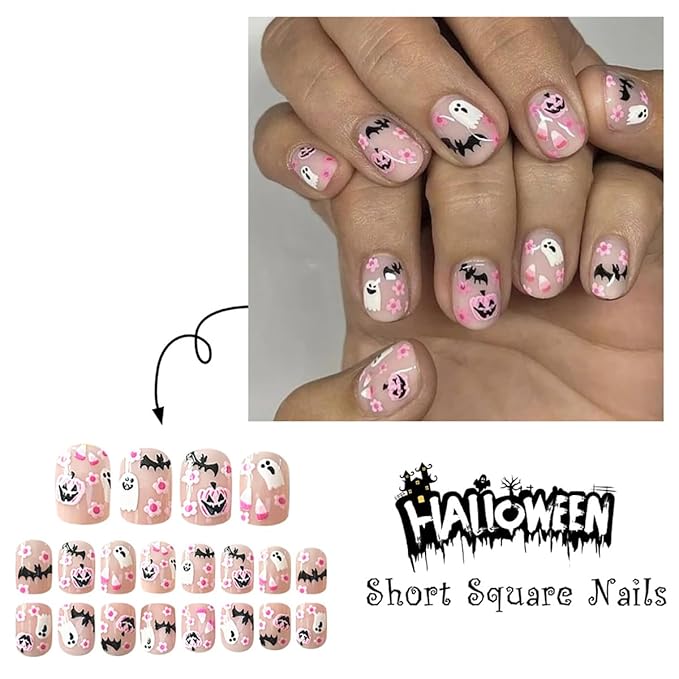 24Pcs Halloween Press on Nails Short Square Fake Nail with Pumpkin Flower Designs Pink Full Cover Glossy Glue on Nails Black Bat False Nail Cute Ghost Stick on Nails for Women Halloween Nail Decor