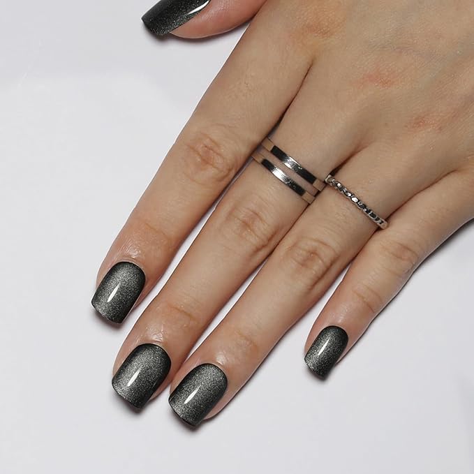 Short Square Press On Nails White to Grey Gradient Cat Eye Press on Nails with Glue for Women Ashionable Gel False Nails Reusable Acrylic False Nails Glue On Nails Kit, water gloss white