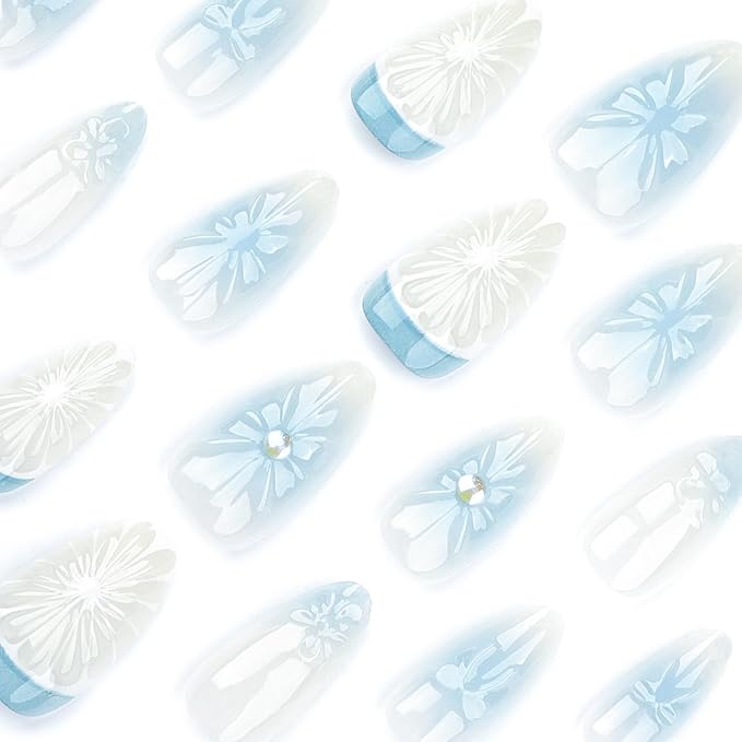 24Pcs Bow Press on Nails Medium Almond Fake Nails with 3D Rhinestones Fruit Flower Design Blue White Gradient Acrylic False Nails Summer French Tip Glue on Nails for Women Manicure Decor