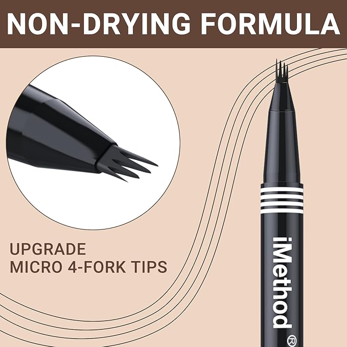 iMethod eyebrow pen - Microblading eyebrow pen, eyebrow pencil with a Micro 4-Fork Tip for Natural Hair-Like Brows, Long-Lasting Eye Brow Pencils for Women, Waterproof, Black Brown