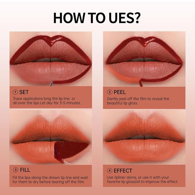 2-In-1 Peel Off Lip Stain Matte Finish Lip Liner Tattoo Peel-off Lip Tint, Long Lasting All Day Lip Masque Waterproof Smudge-proof Transfer-proof Lightweight Smoothing,2#Coral
