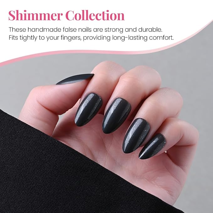 evpct Press on Nails Almond Short, Black Glitter Shimmer Shiny Short Almond Fake Nails for Women Gift, Soft Gel Press Glue On Nails with Nail Glue, 30Pcs Reusable Acrylic Fake Nail Manicure Kit