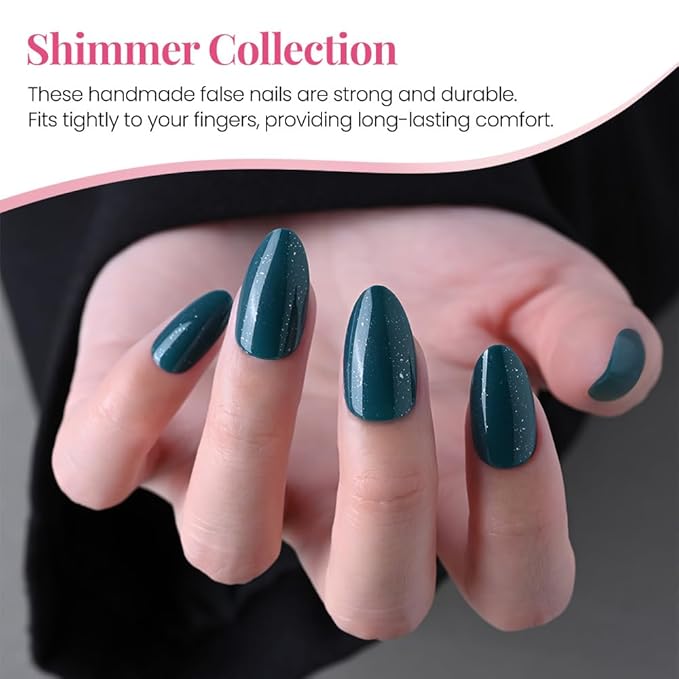 evpct Press on Nails Almond Short, Dark Cyan Green Glitter Shimmer Shiny Short Almond Fake Nails for Women Gift, Soft Gel Press Glue On Nails with Nail Glue, 30Pcs Reusable Acrylic Nail Manicure Kit