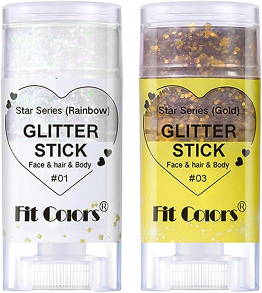 2 Pcs Silver Body Glitter Stick, Mermaid Glitter Gel Long Lasting Shimmer Hair Eyeshadow Face Body Glitter Concerts Music Festivals Halloween Sparkle Makeup for Women and Kids(Silver/Gold)