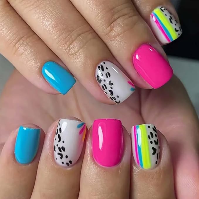 24Pcs Summer Press On Nails Short Square Fake Nails Colorful Line With Leopard Print Design Pink False Nails Blue Glue On Nails Full Cover Artificial Nails Stick On Nails For Women
