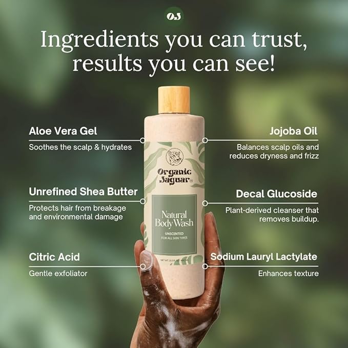 Organic Jaguar Natural Body Wash with Aloe Vera Gel and Shea Butter, Bath and Shower Soap Cleanser for Body Care, Leaves Skin Soft & Hydrated, Unscented, Sulfate and Paraben Free, 13.5 fl oz