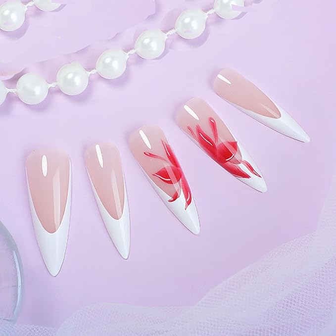 IMRAIN Long Stiletto Press on Nails White French Tips Fake Nails with Red Flower Designs Full Cover Glossy Artificial Gel False Nails for Women 24Pcs