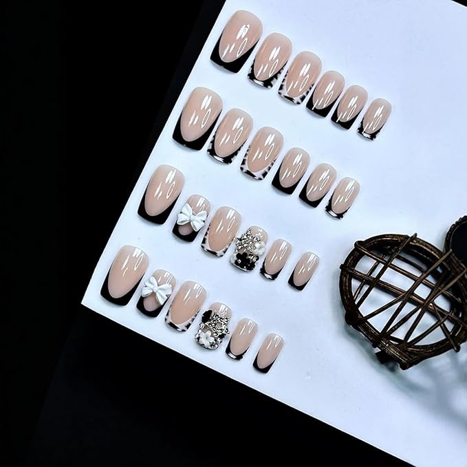 24Pcs Black French Tip Press on Nails Short Square Fake Nails with Bow Flower Star Rhinestones Leopard Designs French Acrylic Nails Stick on Nails Nude False Nails Floral Glue on Nails for Women