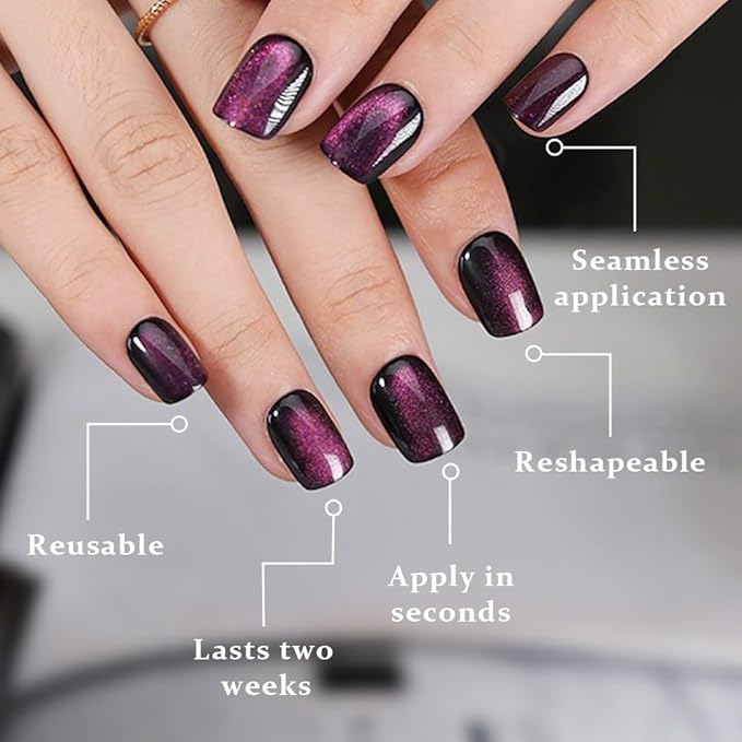 evpct Purple Cat Eye Press on Nails Extra Short Square, Petite Short Press on Glue on Nails for Women Gift, Dark Purple Holographic Glitter Glossy Reusable Stick on Gel Acrylic Fake Nail with Design