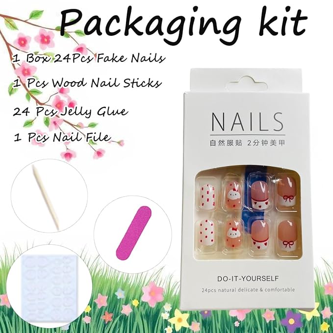 French Tip Press on Nails Short Square Fake Nails Glossy White Tie Bow False Nails Cute Acrylic Glue on Nails Heart False Nails Reusable Stick on Nails for Women Girls Nail Art Kit 24pcs