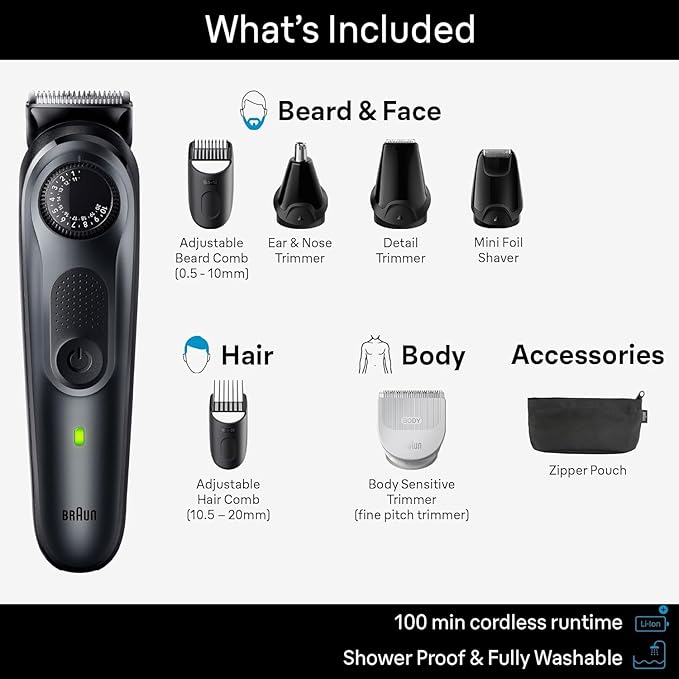 Braun All-in-One Style Kit Series 5 5480, 8-in-1 Trimmer for Men with Beard Trimmer, Body Trimmer for Manscaping, Hair Clippers & More, Ultra-Sharp Blade, 40 Length Settings, Waterproof