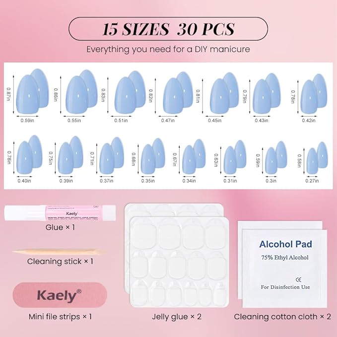 evpct Glossy Press on Nails Short Almond Short for Women, Aqua Blue Fake Nail with Glue Salon Quality Reusable Stick on Nails In 15 Sizes 30Pcs Full Cover False Nail Soft Gel Set Kit for Gift, 06