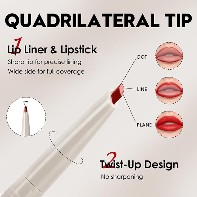 Erinde Long-Lasting Lip Liner Pencil, 2-in-1 Matte Lipliner Pencil for Sculpting & Filling, Rich Color Creamy Waterproof Lip Liner Crayon, Lip Contour Tint Makeup, Vegan & Cruelty-Free, 02 Rose Red