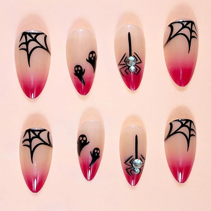 Halloween Press on Nails Long Almond Fake Nails Rose Red False Nails Gradient Black Spider Web Ghost with Rhinestone Design Glossy Glue on Nail Full Cover Stick on Nail Decoration Manicure for Women