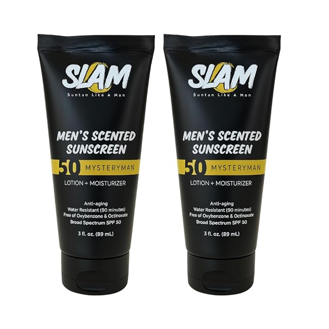 SLAM MysteryMan Men's Sunscreen Lotion SPF 50 & Moisturizer – Face & Body Sunblock, Anti-Aging, Water-Resistant, Hawaii Act 104 Safe, Daily Sport Skincare for Men, Scented – 3 fl oz. Double pack.