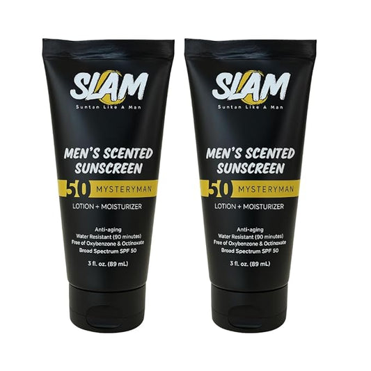 SLAM MysteryMan Men's Sunscreen Lotion SPF 50 & Moisturizer – Face & Body Sunblock, Anti-Aging, Water-Resistant, Hawaii Act 104 Safe, Daily Sport Skincare for Men, Scented – 3 fl oz. Double pack.