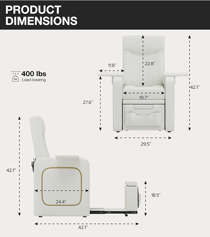 VARONXE Electric Reclining Pedicure Chair No Plumbing for Foot Spa, Profesional Pedicure Stand with Tool Pouch for Nail Teach, Ergonomic Pedi Sofa with Sliding Tray for Small Spaces, Off-White